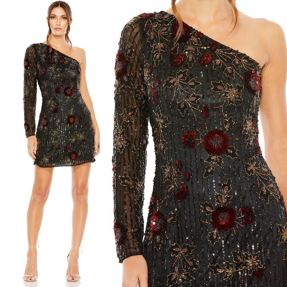 Mac Duggal New Black One Shoulder Floral Leaf Embellished Mini Dress $558 Size 6